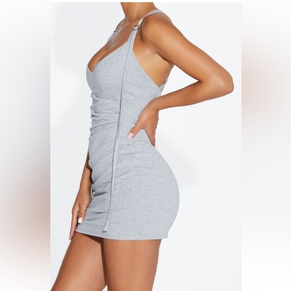 NEW Naked Wardrobe Heather Gray 100% COTTON Ruched Strap Mini Dress - Picture 9 of 14